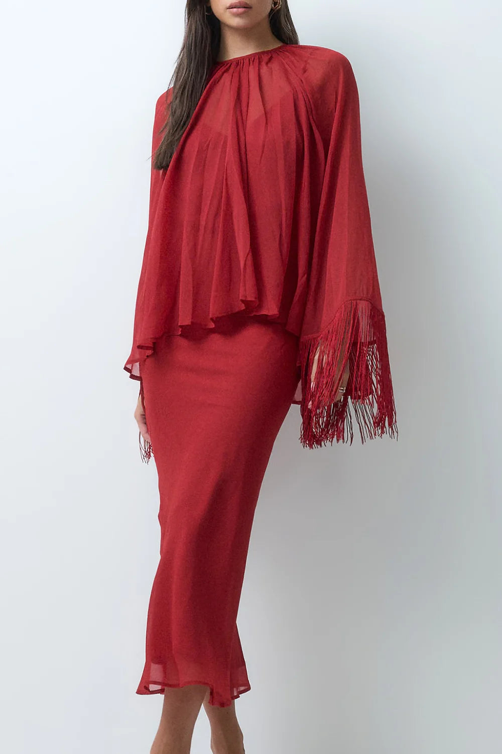 Red Fringe Capelet Top and Slip Midi Dress Two Piece Set [erp-image:cec8b7ba4a1ccdd254b895a6]