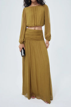 Olive Green Chiffon Long Sleeve Crop Top and Ruched Maxi Skirt Two Piece Set
