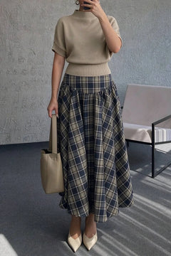 Short Sleeve Mock Neck Knit Top and High Waist Plaid Flared Skirt Two Piece Set