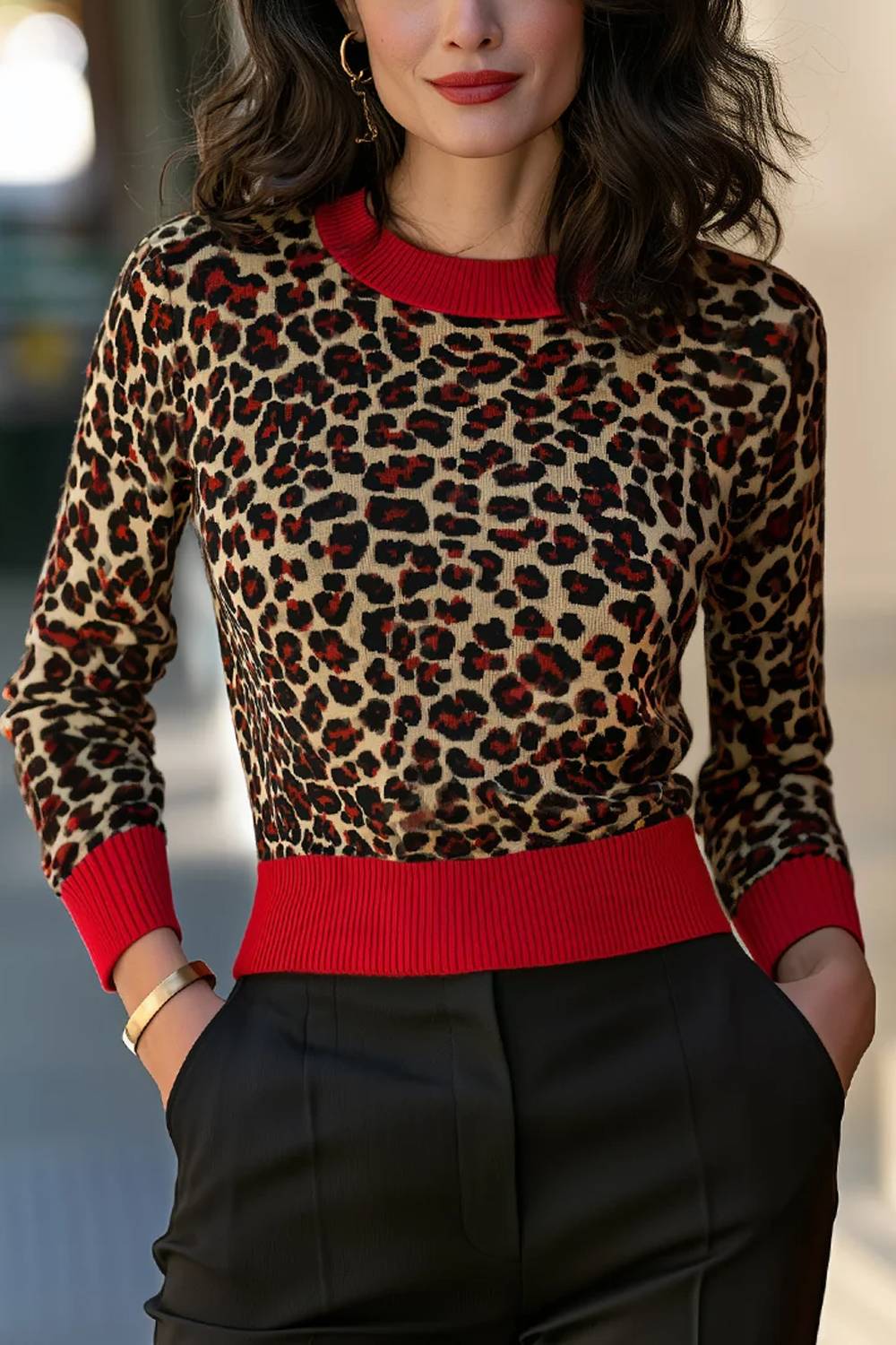 Leopard Print Red Colorblock Trim Long Sleeve Knit Top
