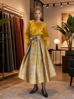 Elegant Yellow Satin Long Sleeve Blouse and Jacquard Belted Midi Skirt Set