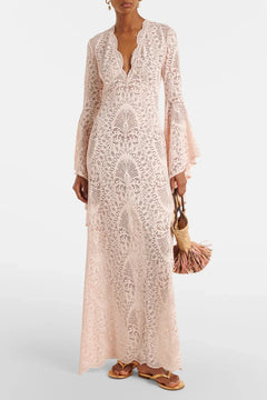 Women's V-Neck Bell Sleeve Scalloped Lace Floor Length Maxi Dress in Blush Pink [erp-image:7aef340debbdfc1d46129914]