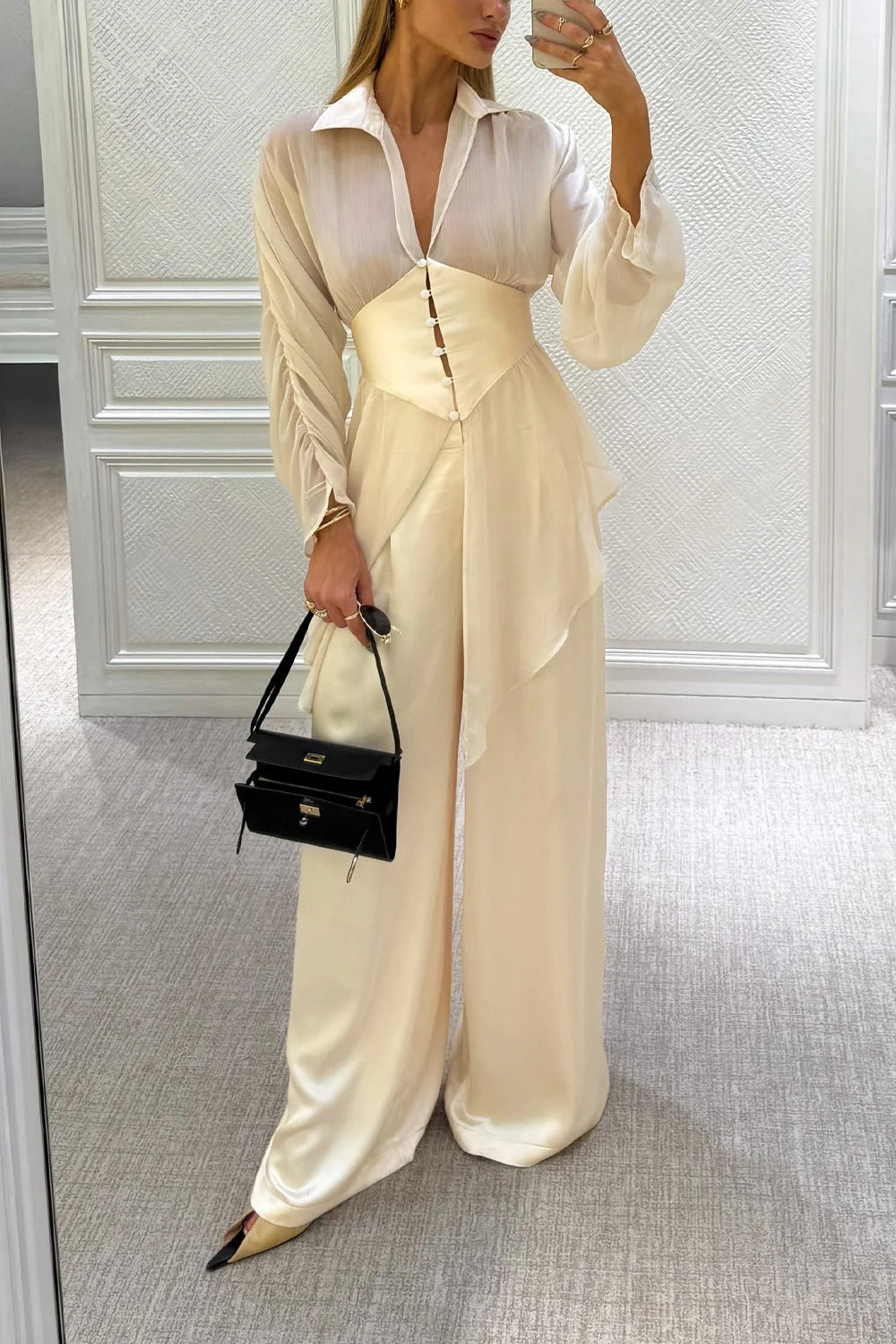 Ivory Sheer Blouse Corset Waist and Wide Leg Pants Two Piece Set