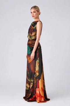 Sleeveless Draped Graphic Print Satin Column Maxi Evening Gown Dress [erp-image:70fb5eb16935a7fe2a191457]