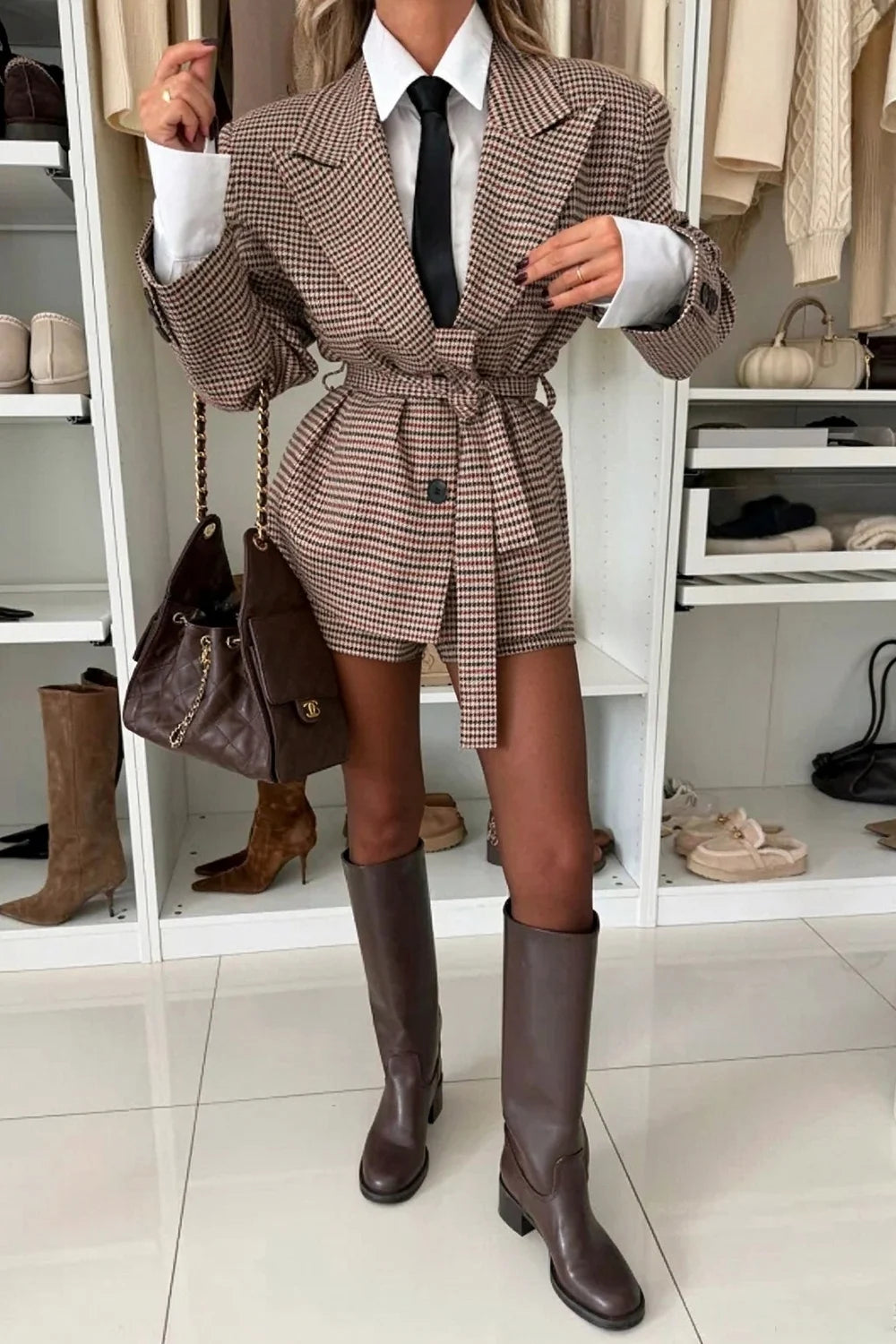 Houndstooth Plaid Belted Blazer and Shorts Two Piece Set [erp-image:772029ab60c070d936b86c4a]