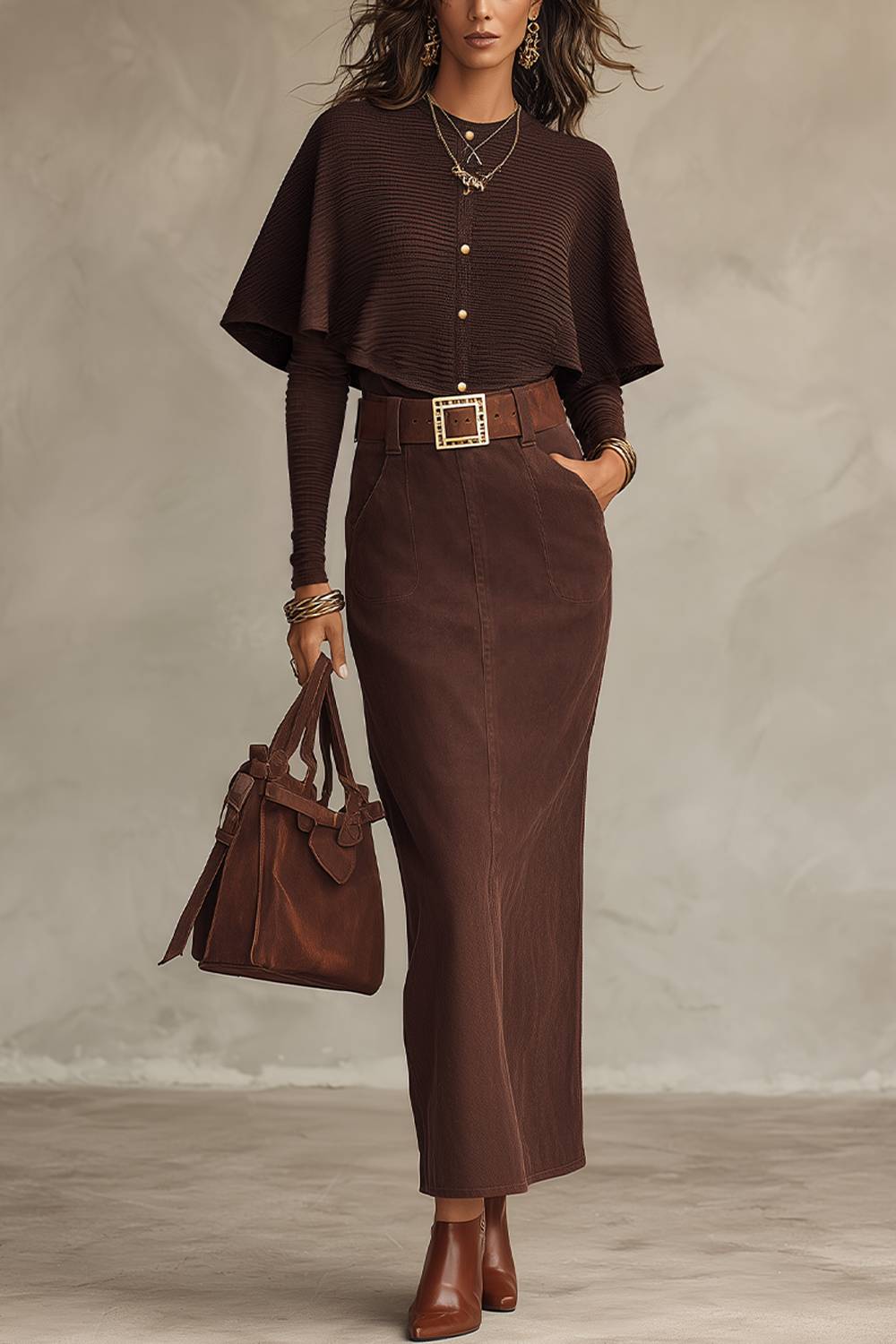 Cape Knit Top & Maxi Skirt Two Piece Set