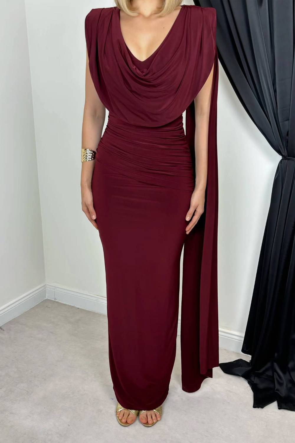 Cowl Neck Sleeveless Draped Ruched Maxi Dress With Cape Detail