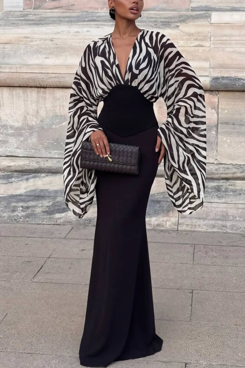 Zebra Print Batwing Sleeve V‑Neck Waist Corset Mermaid Maxi Dress