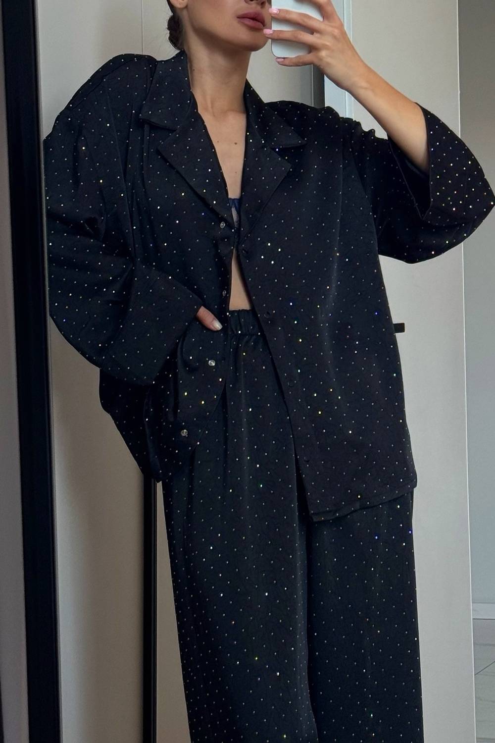 Rhinestone Notched Collar Shirt & Wide Leg Pants Two Piece Set