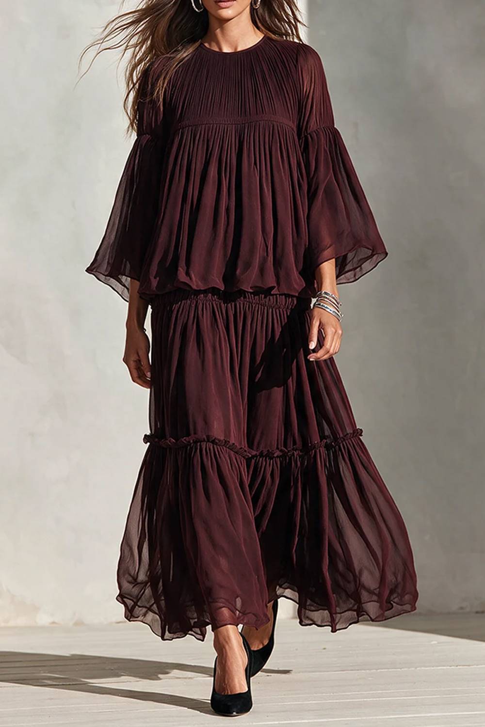 Bohemian Pleated Flared Sleeve Top With Layered Long Skirt Set