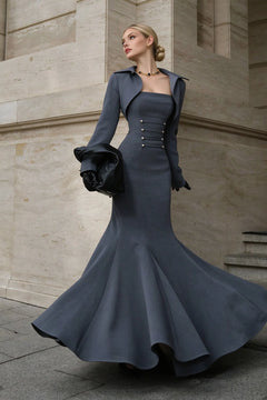 Charcoal Grey Cropped Bolero Jacket and Mermaid Maxi Dress Two Piece Set [erp-image:6465a73eec2bcfd2660427d6]