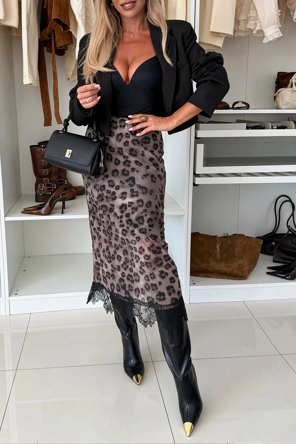 Women's Cropped Blazer and Leopard Print Lace Hem Midi Skirt Two Piece Set