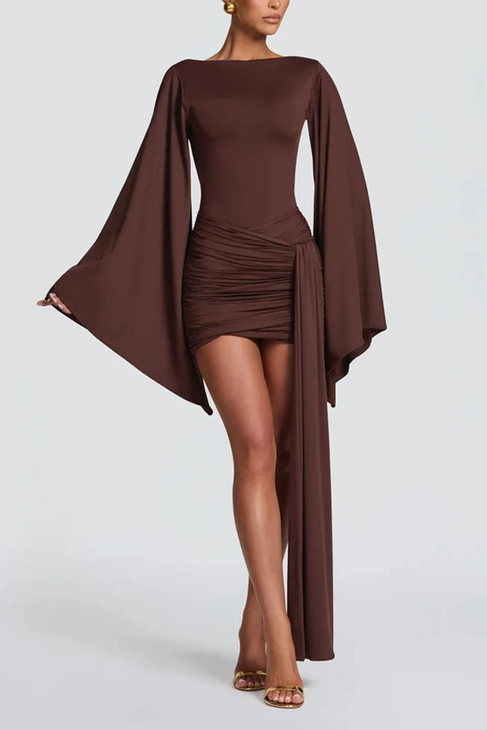 Boat Neck Flared Long Sleeve Ruched Mini Dress with Draped Sash [erp-image:b4d682d8dac2fda249bb9e93]