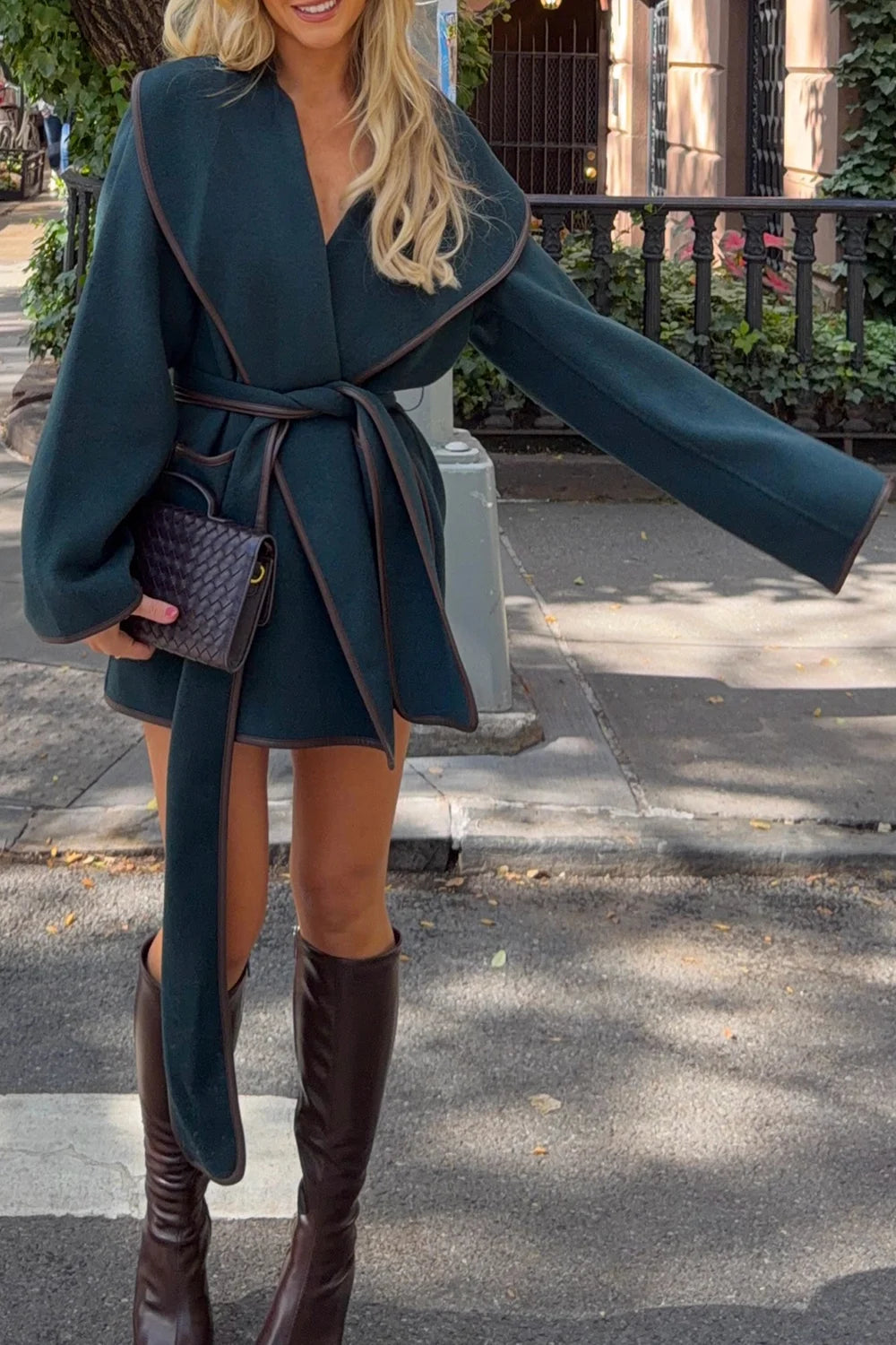 Women's Dark Green Belted Wrap Coat with Contrast Trim and Wide Sleeves [erp-image:28311126868a1ca5ca049109]
