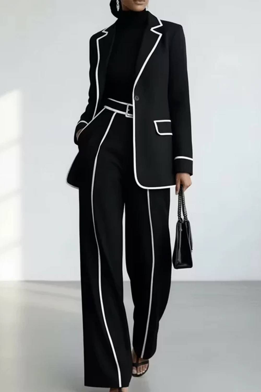 Contrast Piped Trim Blazer & Wide Leg Pants Two Piece Suit Set