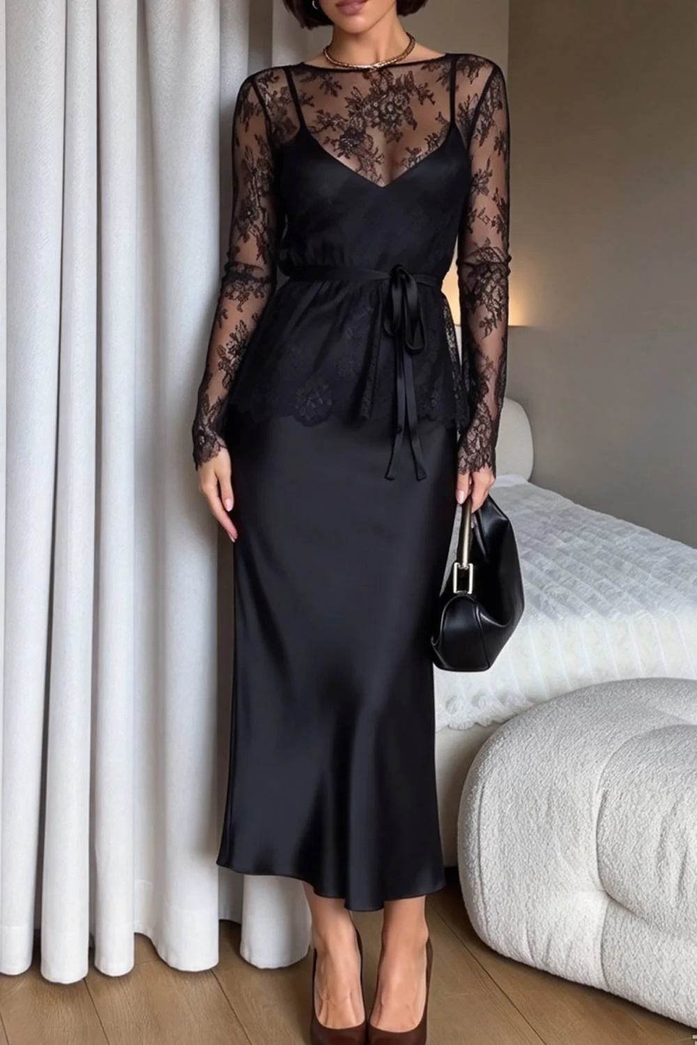Women's Black Sheer Lace Long Sleeve Top and Satin Midi Skirt Two Piece Set