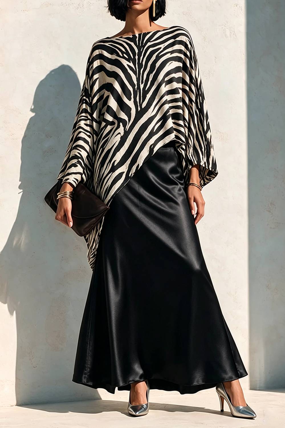 Zebra Print Batwing Top Satin Maxi Skirt Set