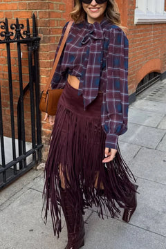 Plaid Bow Tie Blouse and Fringe Maxi Skirt Two Piece Set [erp-image:4c1318592c7c6b624f128879]