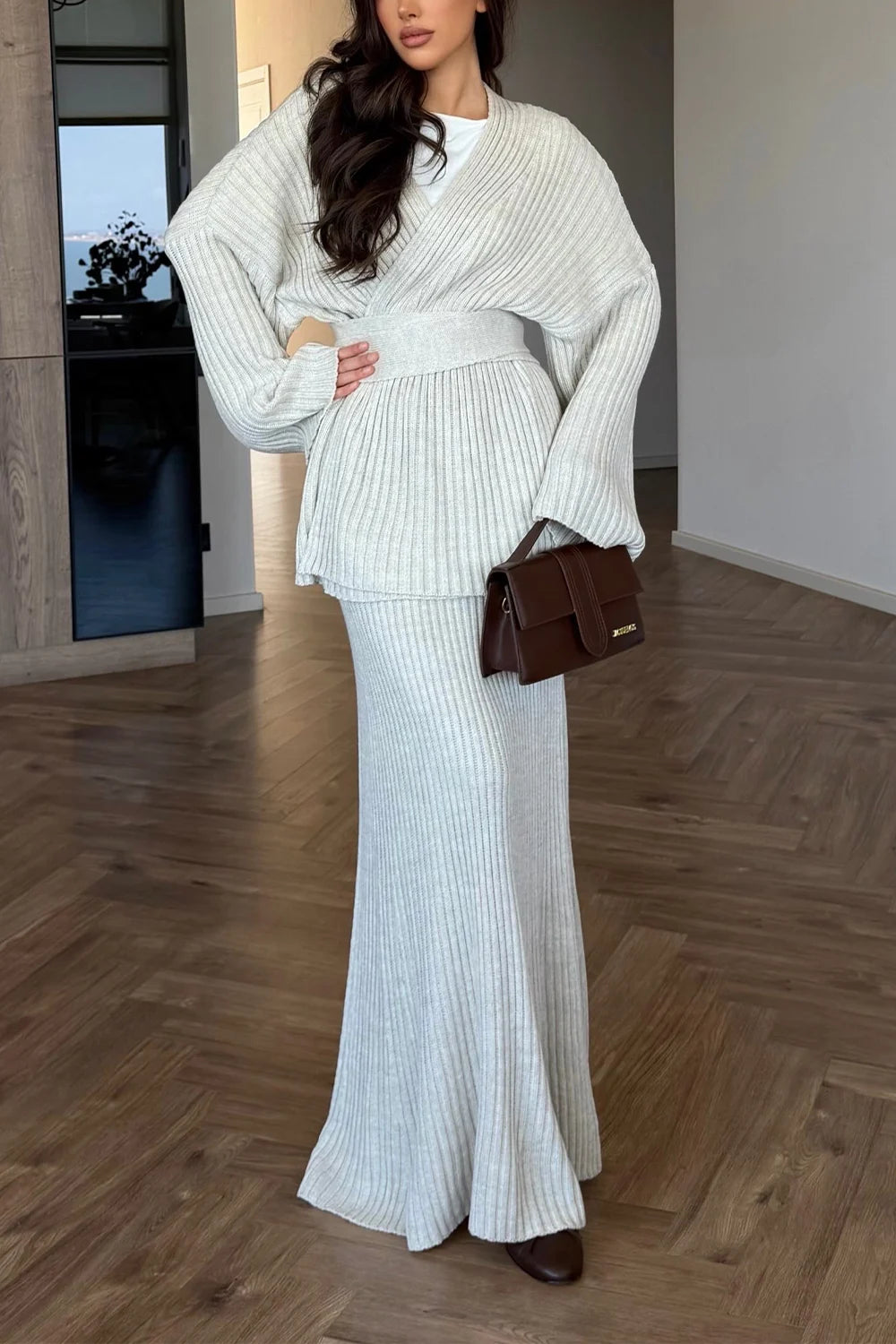 Ribbed Knit Long Sleeve Wrap Top and Maxi Skirt Two Piece Set [erp-image:d16c443f0244c8196eb28fc0]