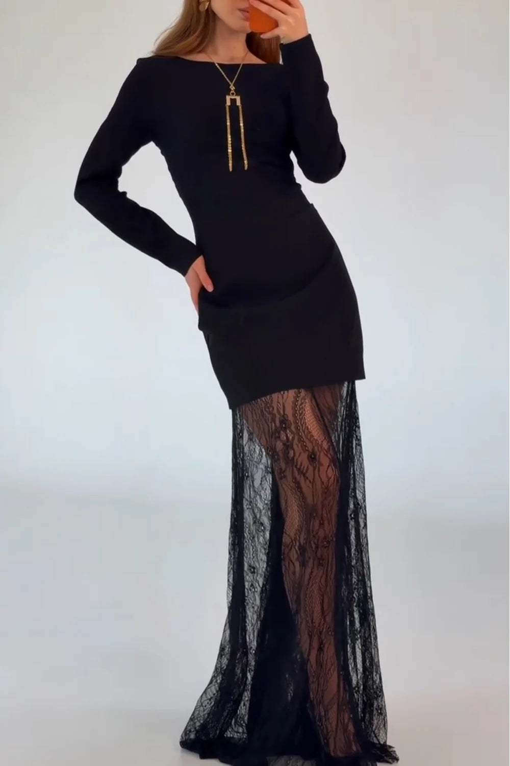 Black Long Sleeve Boat Neck Bodycon Maxi Dress with Sheer Lace Hem [erp-image:221cfb6970ce613eded9e6db]