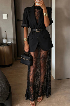Black Short Sleeve Blazer Jacket and Sheer Lace Maxi Dress Two Piece Set [erp-image:f01136df4ff33f3668ee9c8a]