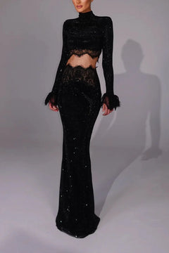 Black Sparkle Long Sleeve Crop Top and Maxi Skirt Two Piece Set