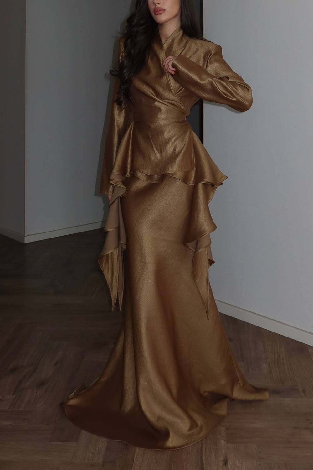 Wrap Ruffled Long Sleeve Top & Mermaid Maxi Skirt Two Piece Set