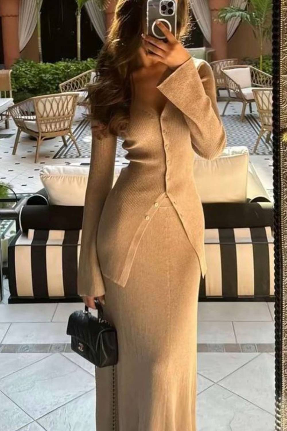 V Neck Button Front Flare Sleeve Knit Top & A Line Midi Skirt Two Piece Set