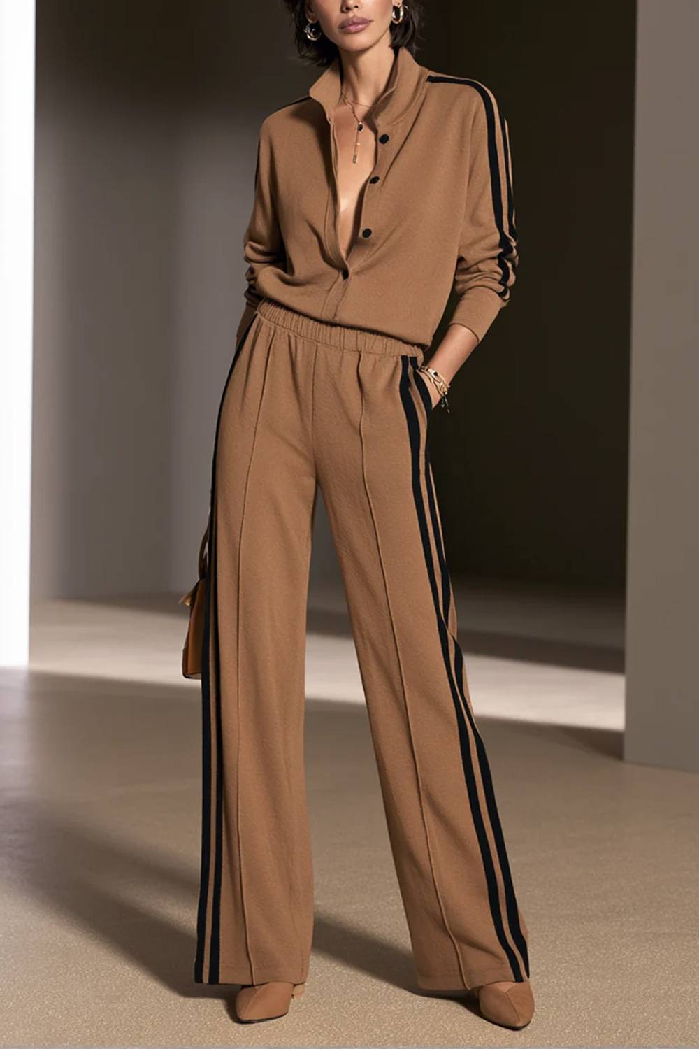 Stand Collar Button Front Side Stripe Top & Elastic Waist Wide Leg Pants Two Piece Set