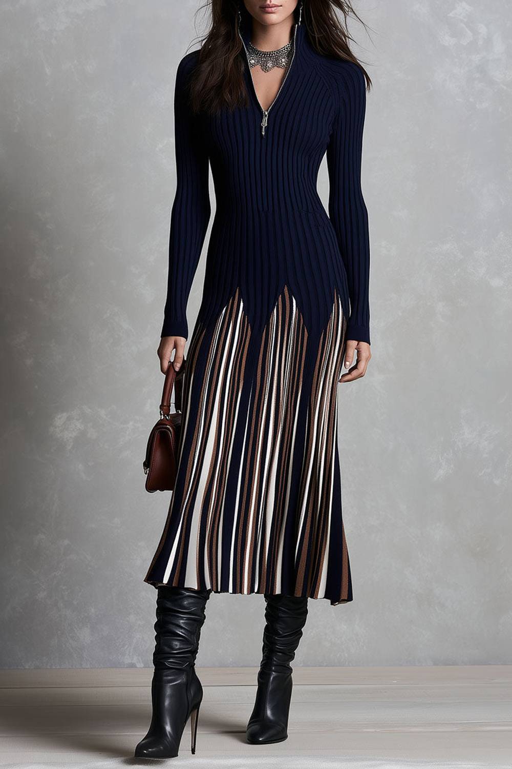Half Zip Ribbed Knit Color Block Striped Midi Dress