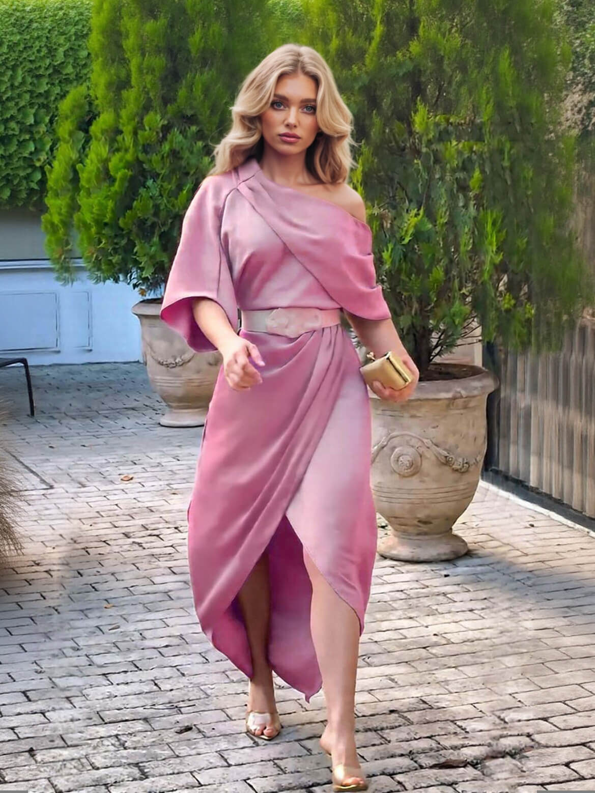 Exquisite Satin Irregular Lapel Neckline Design Ruched Maxi Dress