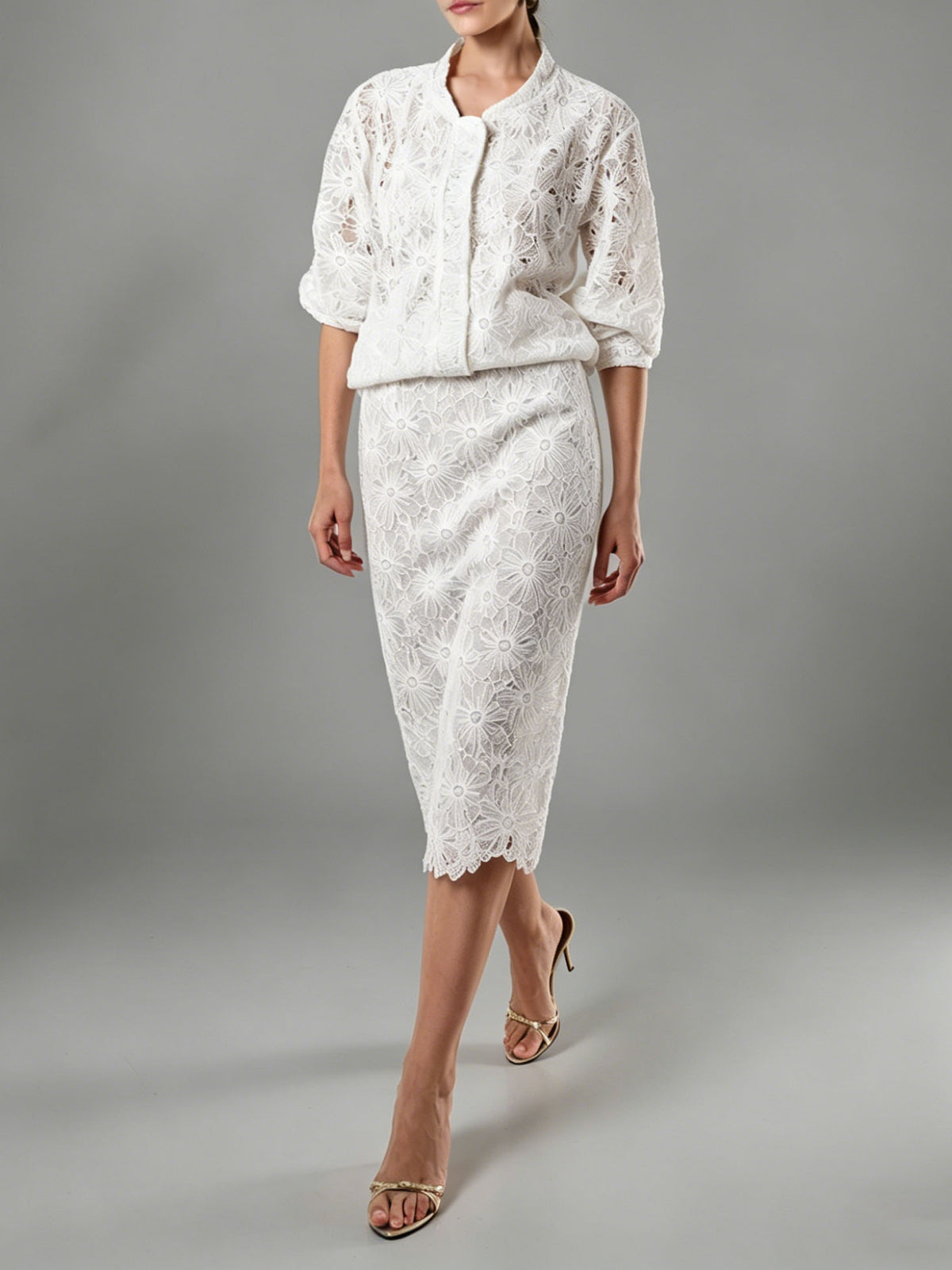 Elegant Floral Lace Jacket & Skirt Two-Piece Set
