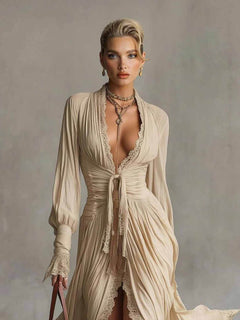 Casual Lace-Trimmed Ruffled Shirt Dress