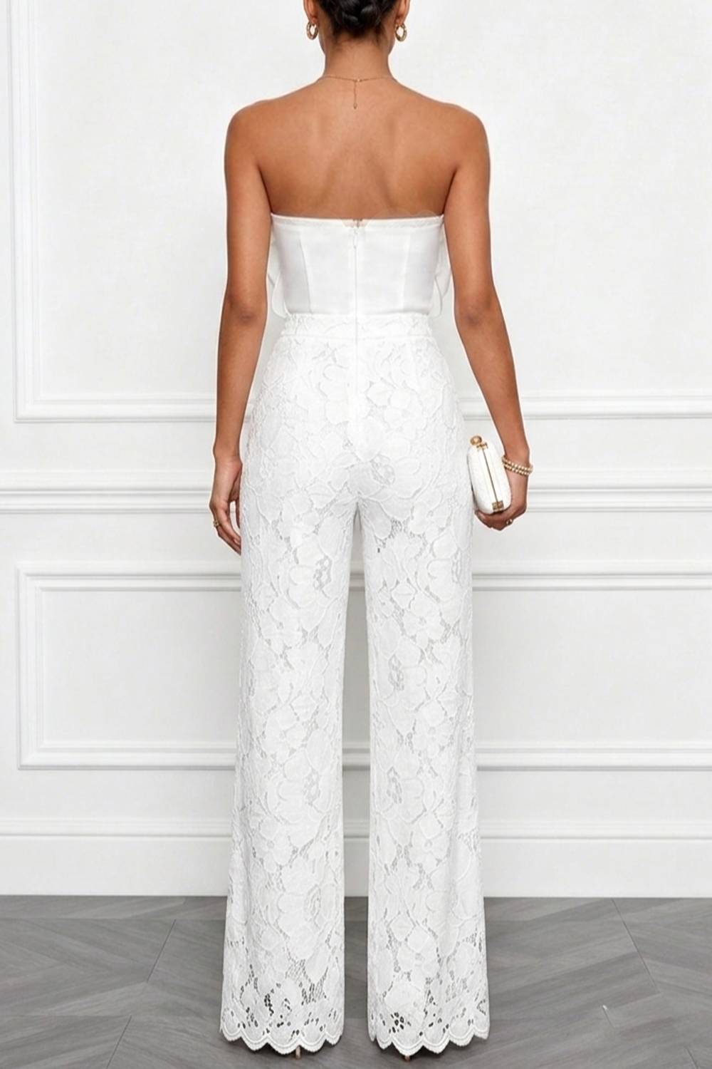 3D Floral Strapless Tube Top & Lace Wide‑Leg Pants Two‑Piece Set