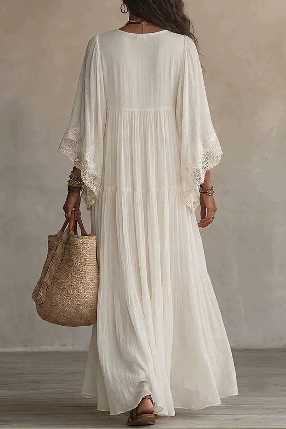 Lace V-neck Trumpet Sleeve Bohemian Long Dress