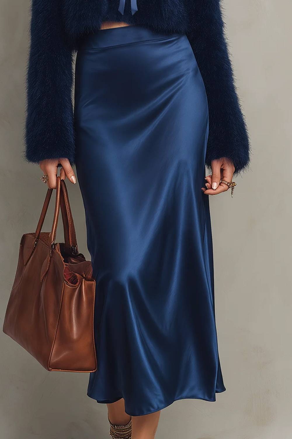 Navy Furry Cropped Top & Satin Midi Skirt Two Piece Set