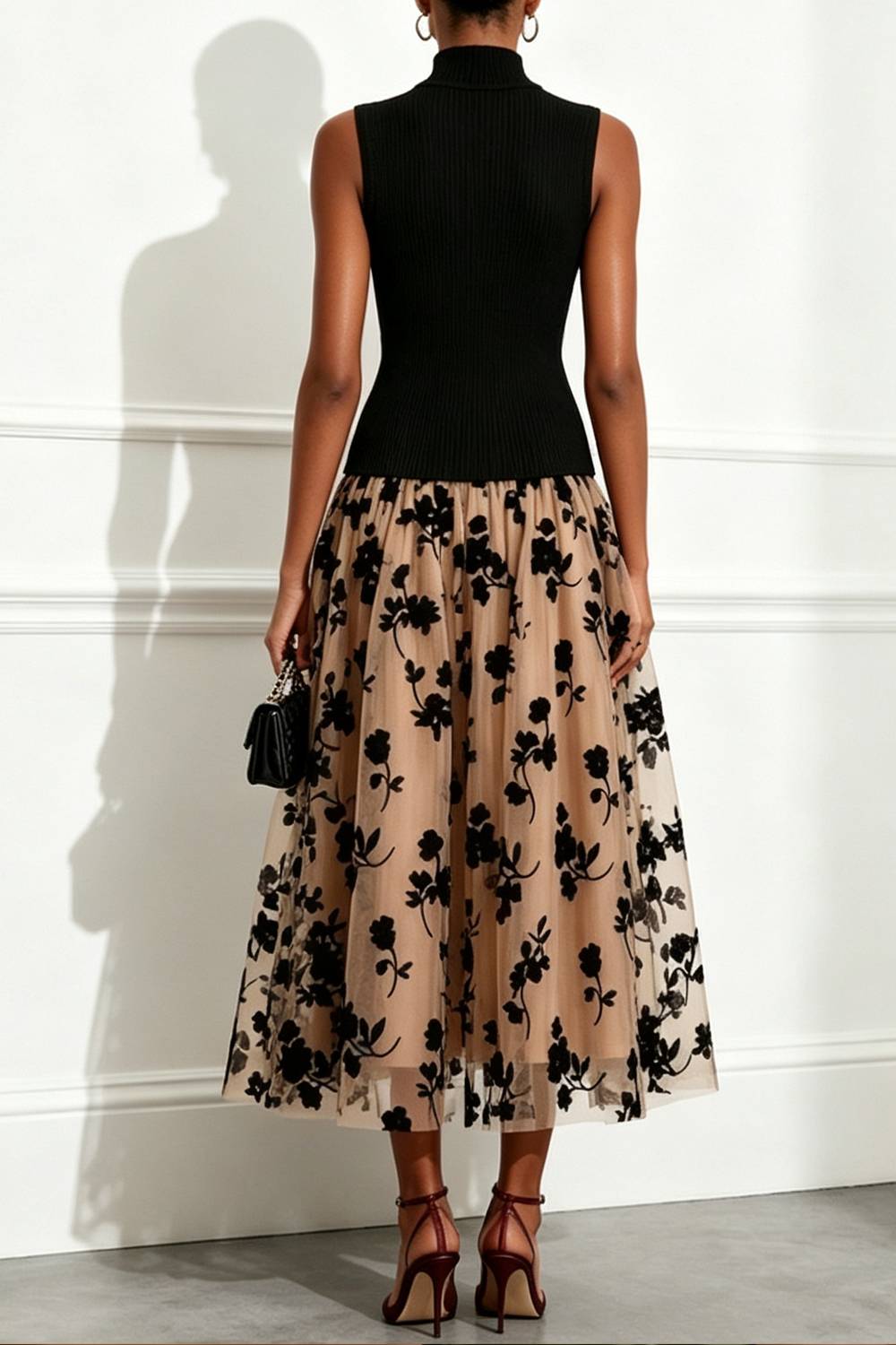 Mock Neck Sleeveless Contrast Floral Tulle Midi Dress