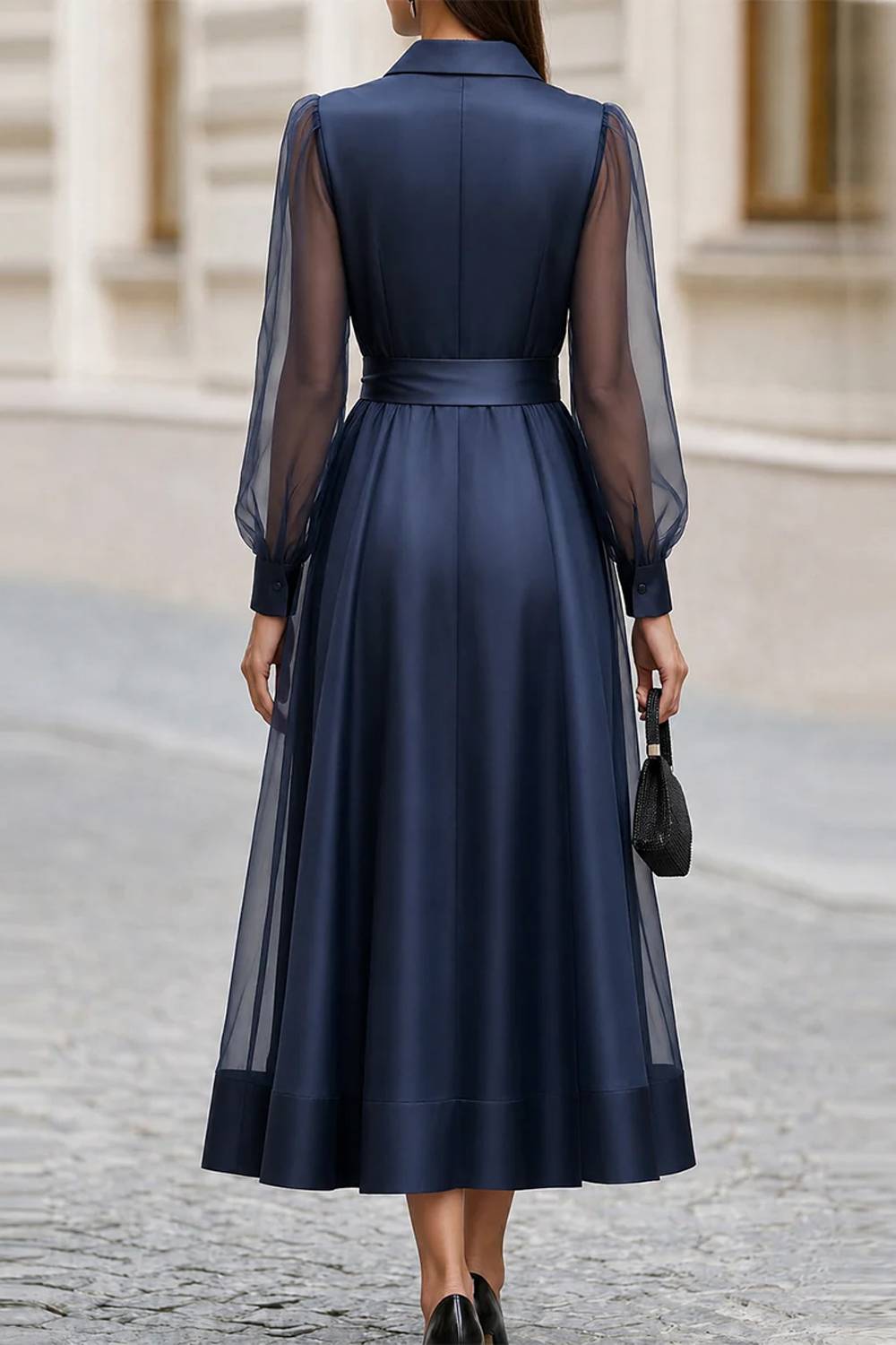Vintage See-Through Sleeve Belted Lapel Shirt Dress