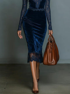 Elegant Velvet Fitted V-Neck Lace Midi Dress