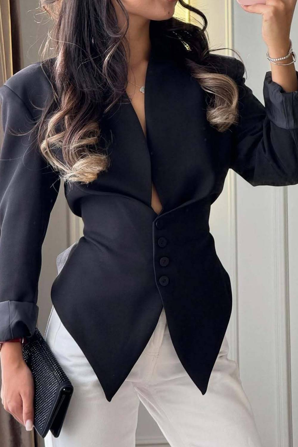 Lapel‑Free Deep V Single‑Breasted Fitted Pointed‑Hem Blazer Top