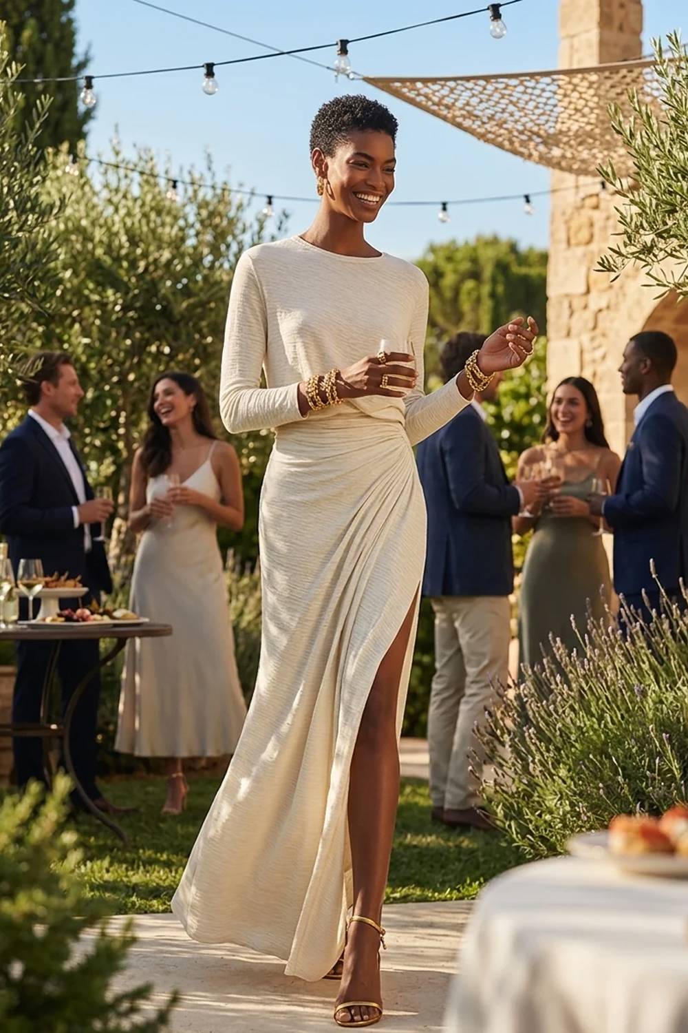 Round Neck Long Sleeve Top & Ruched High‑Slit Maxi Skirt Two‑Piece Set