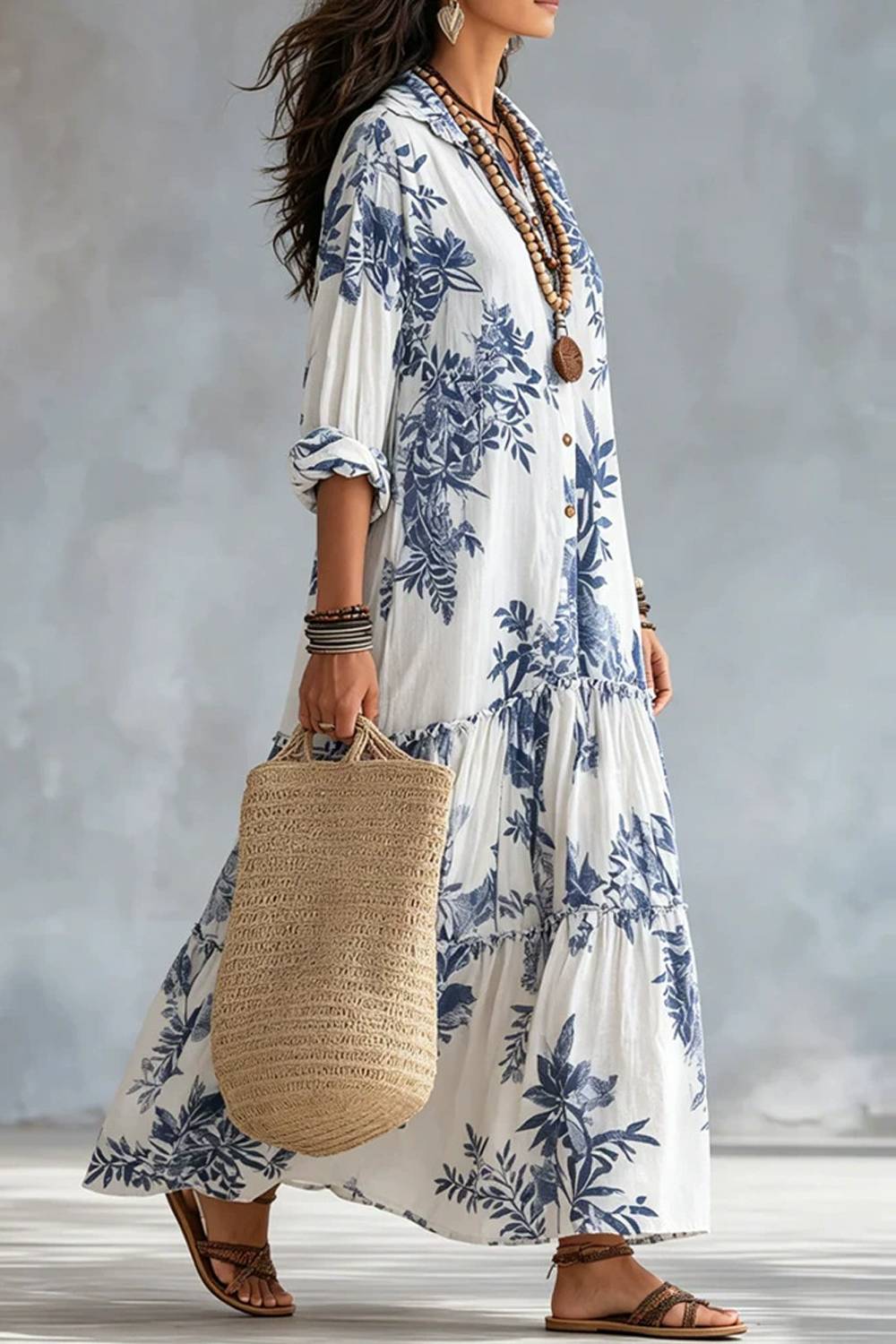 Collared Botanical Floral Print 3/4 Sleeve Button‑Front Tiered Shirt Maxi Dress