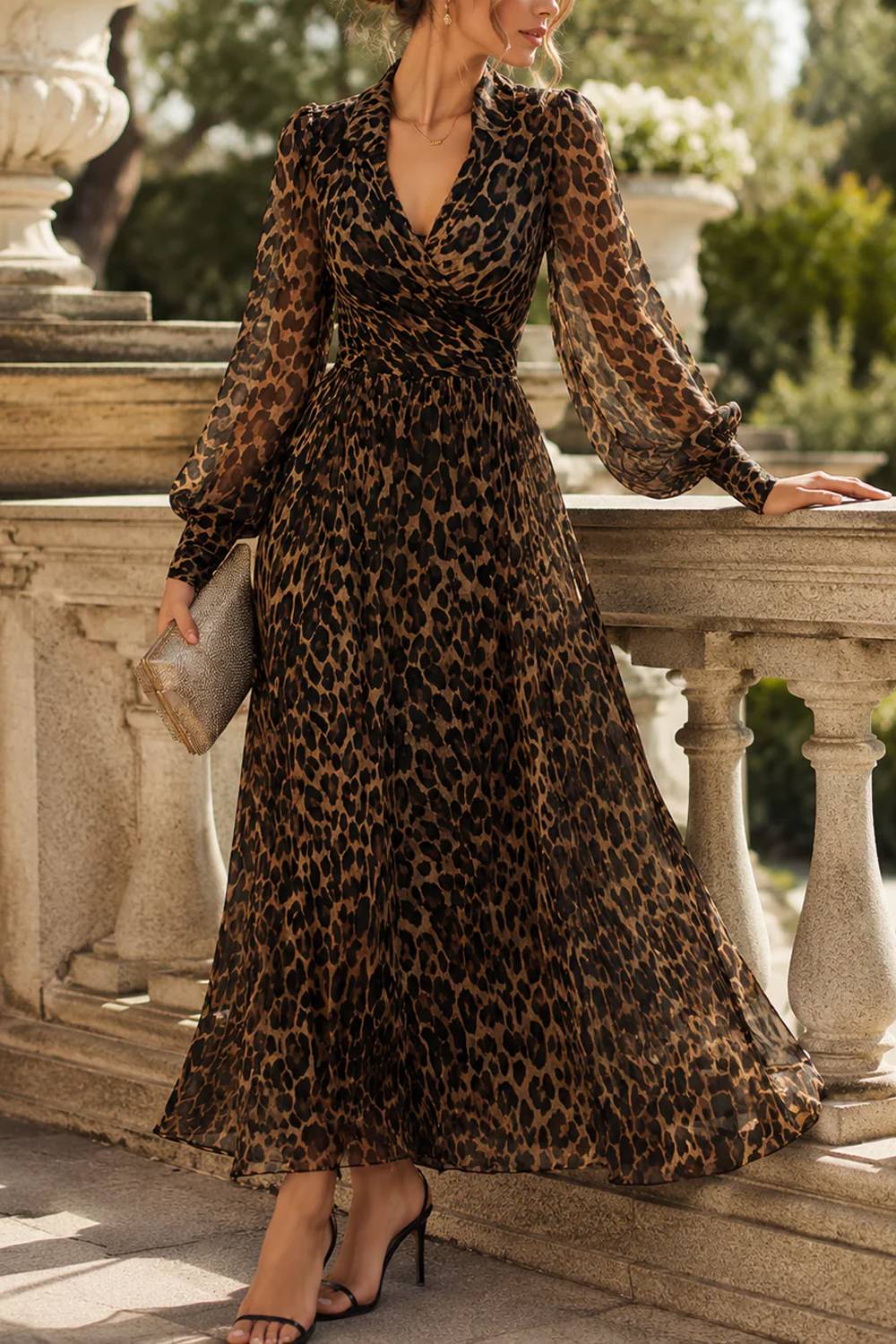 Blazer Collar Wrap V-neck Leopard Print Lantern Sleeve Flowy Mid-length Dress