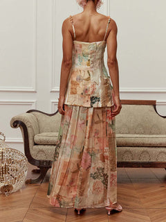 Retro Patchwork Print Beaded Strap Two-Piece Set