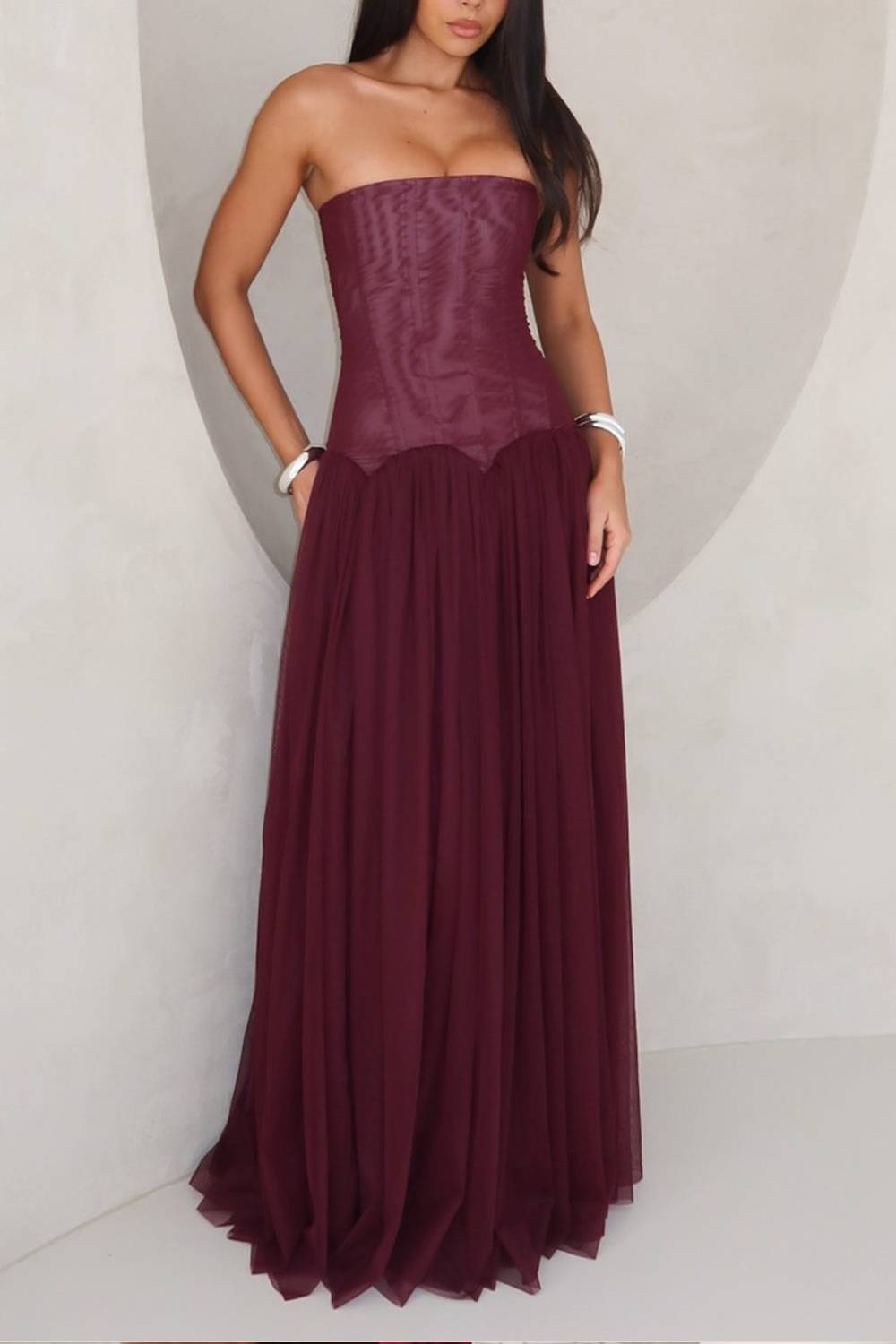Strapless Corset‑Style Waist Tulle Flowy Maxi Evening Dress