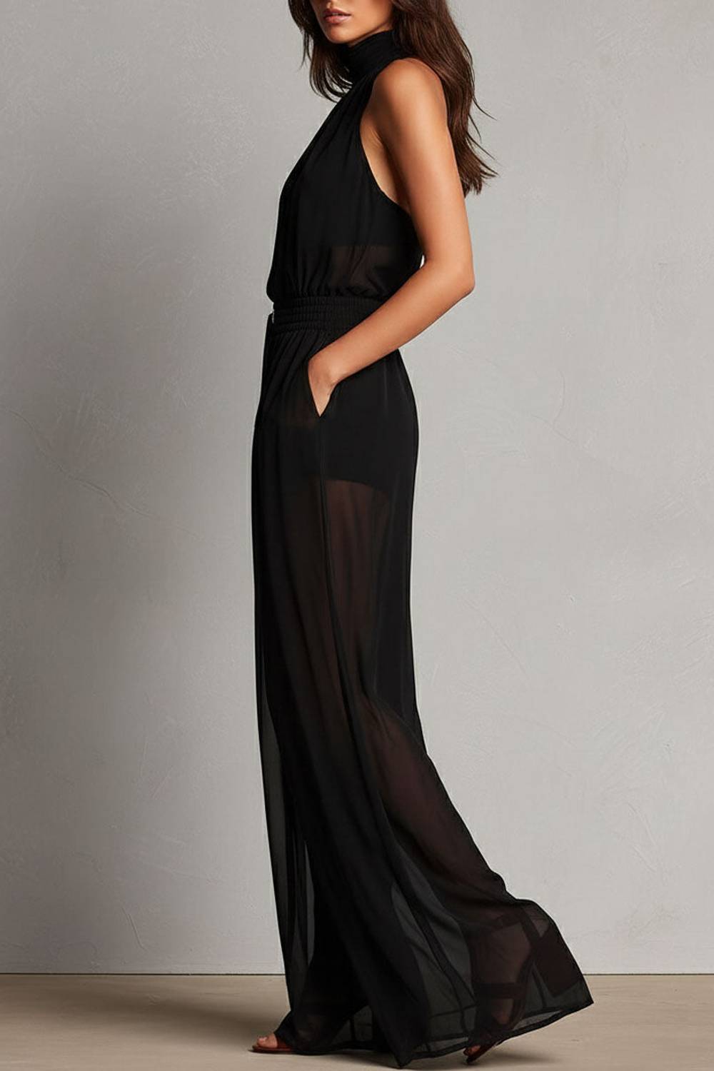 Halter Mock Neck Sheer Smocked Waist Wide‑Leg Jumpsuit With Pockets
