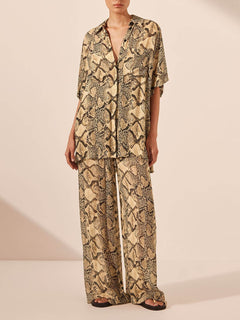 Modern Feel Satin Unique Snake Print Button Down Loose Shirt
