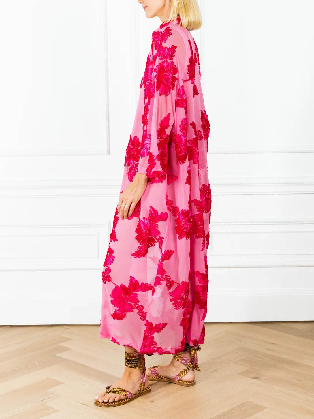 Floral Embroidered Loose V-Neck Sheer Kaftan Dress