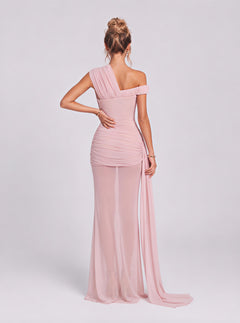Draping Inclined Shoulder See-Through Gauze Long Dress