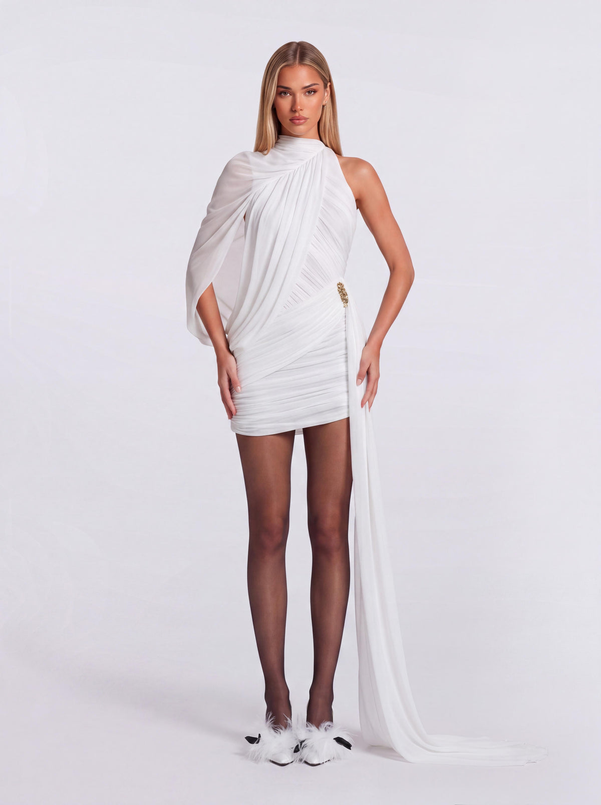Shawl Draping Neck Pleated Skirt Long Side-streamer Party Dress